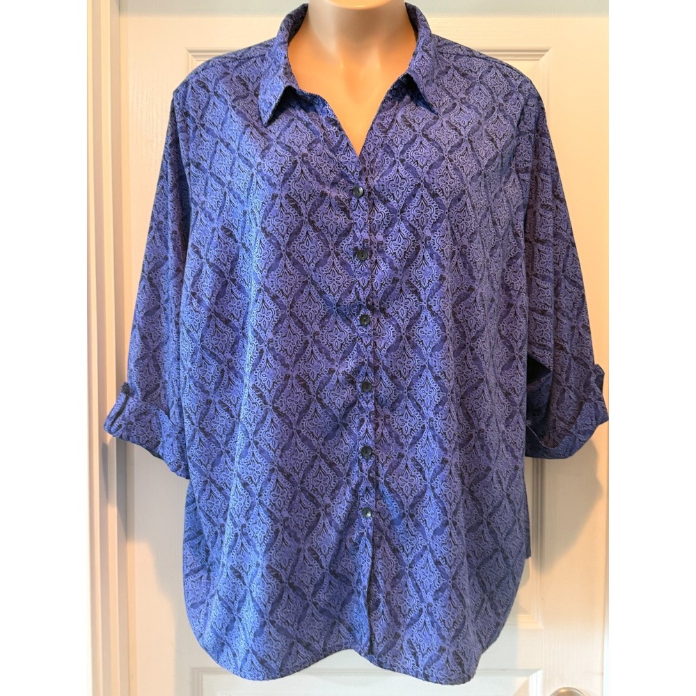 Catherines Purple Print Button Down Shirt Sz 3X Casual Travel